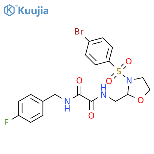 N-{3-(4-bromobenzenesulfonyl)-1,3-oxazolidin-2-ylmethyl}-N'-(4-fluorophenyl)methylethanediamide structure