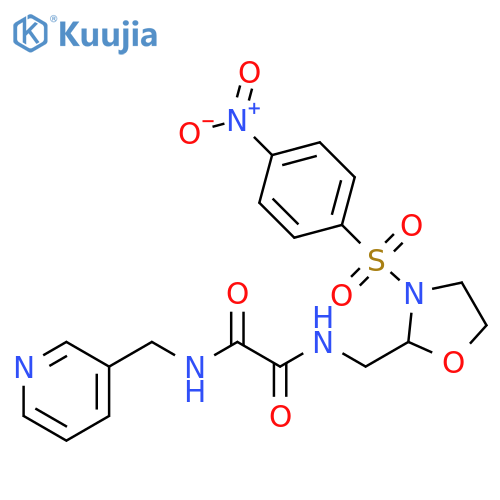 N-{3-(4-nitrobenzenesulfonyl)-1,3-oxazolidin-2-ylmethyl}-N'-(pyridin-3-yl)methylethanediamide structure