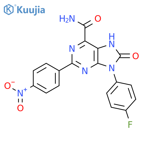 9-(4-fluorophenyl)-2-(4-nitrophenyl)-8-oxo-8,9-dihydro-7H-purine-6-carboxamide structure