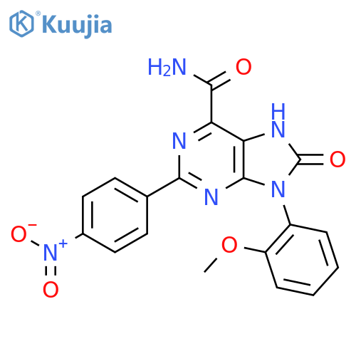 9-(2-methoxyphenyl)-2-(4-nitrophenyl)-8-oxo-8,9-dihydro-7H-purine-6-carboxamide structure