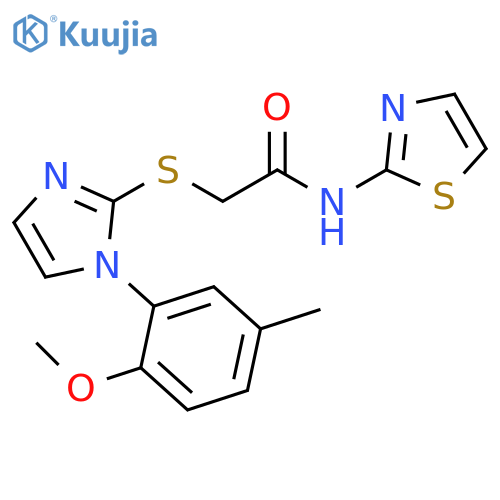 2-{1-(2-methoxy-5-methylphenyl)-1H-imidazol-2-ylsulfanyl}-N-(1,3-thiazol-2-yl)acetamide structure