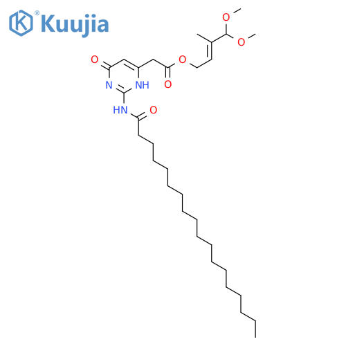 (2E)-4,4-dimethoxy-3-methylbut-2-en-1-yl [2-(octadecanoylamino)-6-oxo-3,6-dihydropyrimidin-4-yl]acetate structure