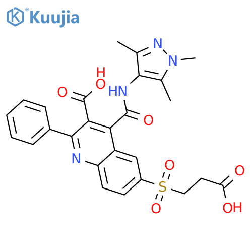 3-Quinolinecarboxylic acid,6-[(2-carboxyethyl)sulfonyl]-2-phenyl-4-[[(1,3,5-trimethyl-1H-pyrazol-4-yl)amino]carbonyl]- structure