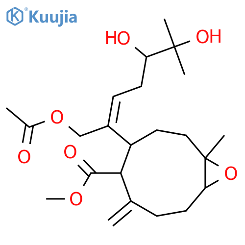 13,14,17-Trihydroxy-1(19),6,10-xenicatrien-18-oic acid; (6E,10E,13ξ)-form, 6α,7α-Epoxide, 17-Ac, Me ester structure