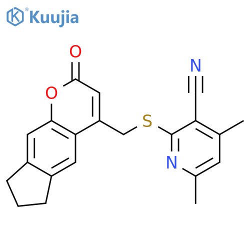 4,6-dimethyl-2-({2-oxo-2H,6H,7H,8H-cyclopentagchromen-4-yl}methyl)sulfanylpyridine-3-carbonitrile structure