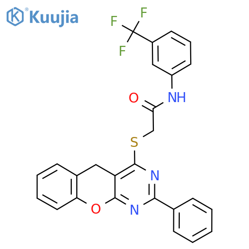 2-({2-phenyl-5H-chromeno2,3-dpyrimidin-4-yl}sulfanyl)-N-3-(trifluoromethyl)phenylacetamide structure
