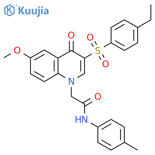 2-3-(4-ethylbenzenesulfonyl)-6-methoxy-4-oxo-1,4-dihydroquinolin-1-yl-N-(4-methylphenyl)acetamide structure