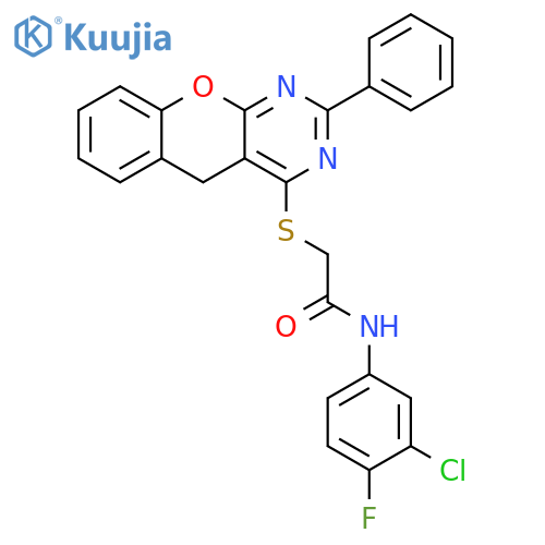 N-(3-chloro-4-fluorophenyl)-2-({2-phenyl-5H-chromeno2,3-dpyrimidin-4-yl}sulfanyl)acetamide structure