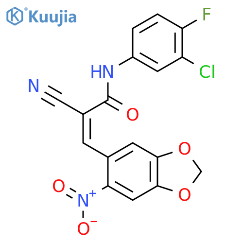 (Z)-N-(3-Chloro-4-fluorophenyl)-2-cyano-3-(6-nitro-1,3-benzodioxol-5-yl)prop-2-enamide structure