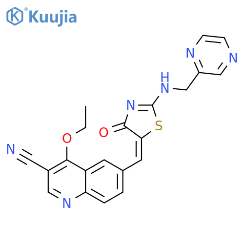 3-Quinolinecarbonitrile,4-ethoxy-6-[(Z)-[4-oxo-2-[(pyrazinylmethyl)amino]-5(4H)-thiazolylidene]methyl]- structure