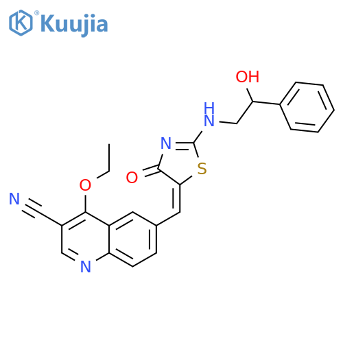 3-Quinolinecarbonitrile,4-ethoxy-6-[(Z)-[2-[[(2S)-2-hydroxy-2-phenylethyl]amino]-4-oxo-5(4H)-thiazolylidene]methyl]- structure