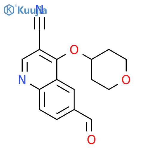 3-Quinolinecarbonitrile, 6-formyl-4-[(tetrahydro-2H-pyran-4-yl)oxy]- structure