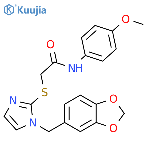 2-({1-(2H-1,3-benzodioxol-5-yl)methyl-1H-imidazol-2-yl}sulfanyl)-N-(4-methoxyphenyl)acetamide structure