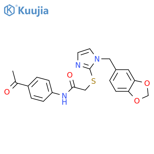 N-(4-acetylphenyl)-2-({1-(2H-1,3-benzodioxol-5-yl)methyl-1H-imidazol-2-yl}sulfanyl)acetamide structure