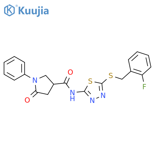 N-(5-{(2-fluorophenyl)methylsulfanyl}-1,3,4-thiadiazol-2-yl)-5-oxo-1-phenylpyrrolidine-3-carboxamide structure