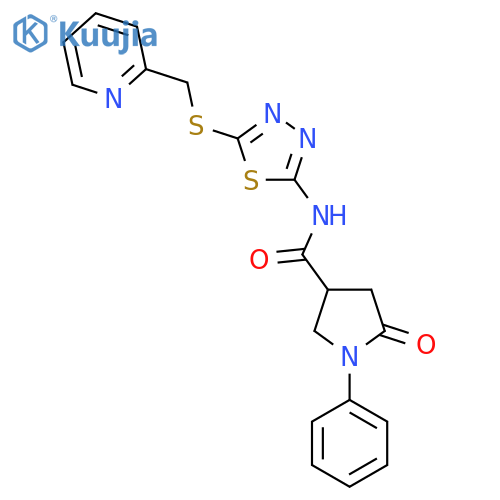 5-oxo-1-phenyl-N-(5-{(pyridin-2-yl)methylsulfanyl}-1,3,4-thiadiazol-2-yl)pyrrolidine-3-carboxamide structure
