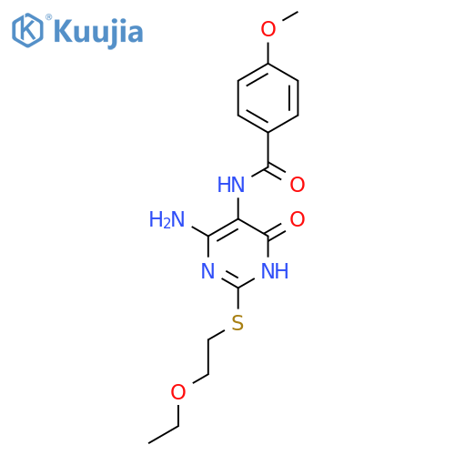 N-{4-amino-2-(2-ethoxyethyl)sulfanyl-6-oxo-1,6-dihydropyrimidin-5-yl}-4-methoxybenzamide structure