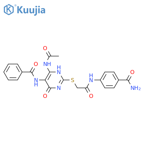4-{2-(5-benzamido-4-acetamido-6-oxo-1,6-dihydropyrimidin-2-yl)sulfanylacetamido}benzamide structure