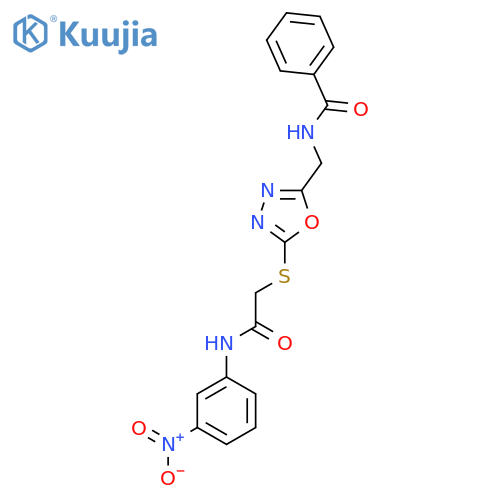 N-{5-({(3-nitrophenyl)carbamoylmethyl}sulfanyl)-1,3,4-oxadiazol-2-ylmethyl}benzamide structure
