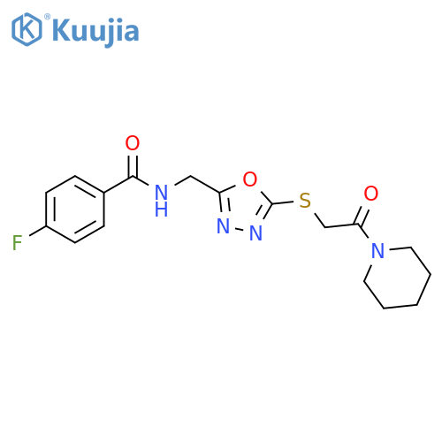 4-fluoro-N-(5-{2-oxo-2-(piperidin-1-yl)ethylsulfanyl}-1,3,4-oxadiazol-2-yl)methylbenzamide structure