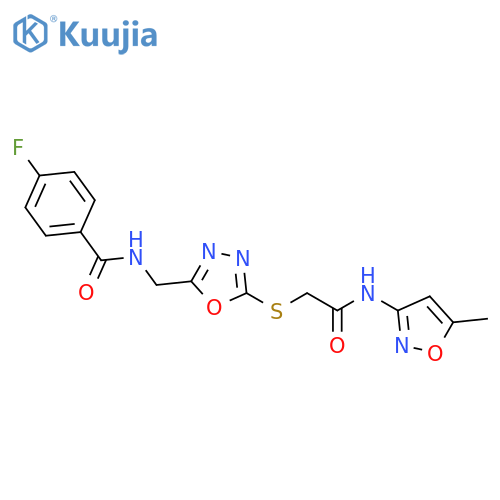 4-fluoro-N-{5-({(5-methyl-1,2-oxazol-3-yl)carbamoylmethyl}sulfanyl)-1,3,4-oxadiazol-2-ylmethyl}benzamide structure