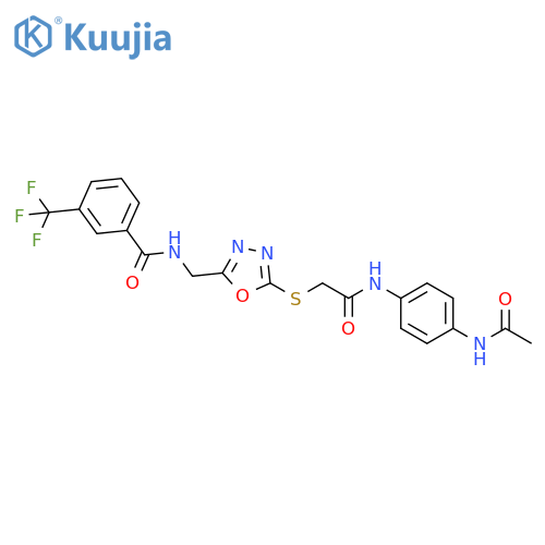 N-{5-({(4-acetamidophenyl)carbamoylmethyl}sulfanyl)-1,3,4-oxadiazol-2-ylmethyl}-3-(trifluoromethyl)benzamide structure