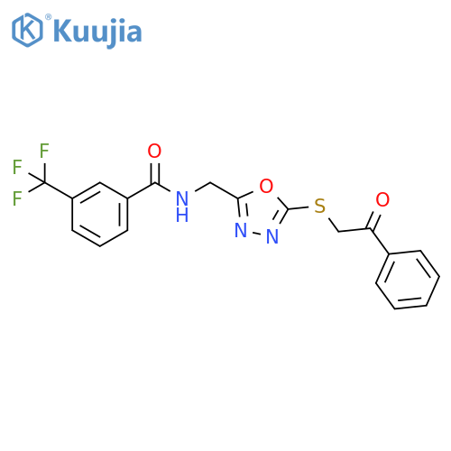 N-({5-(2-oxo-2-phenylethyl)sulfanyl-1,3,4-oxadiazol-2-yl}methyl)-3-(trifluoromethyl)benzamide structure