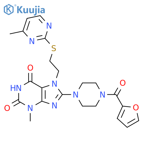 8-4-(furan-2-carbonyl)piperazin-1-yl-3-methyl-7-{2-(4-methylpyrimidin-2-yl)sulfanylethyl}-2,3,6,7-tetrahydro-1H-purine-2,6-dione structure