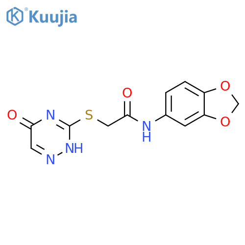 N-(2H-1,3-benzodioxol-5-yl)-2-(5-oxo-4,5-dihydro-1,2,4-triazin-3-yl)sulfanylacetamide structure