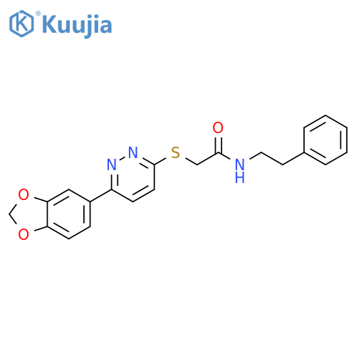 2-{6-(2H-1,3-benzodioxol-5-yl)pyridazin-3-ylsulfanyl}-N-(2-phenylethyl)acetamide structure