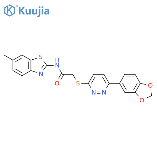 2-{6-(2H-1,3-benzodioxol-5-yl)pyridazin-3-ylsulfanyl}-N-(6-methyl-1,3-benzothiazol-2-yl)acetamide structure