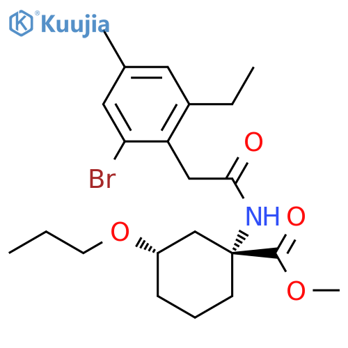 Cyclohexanecarboxylic acid,1-[[(2-bromo-6-ethyl-4-methylphenyl)acetyl]amino]-3-propoxy-, methylester, (1R,3S)-rel- structure