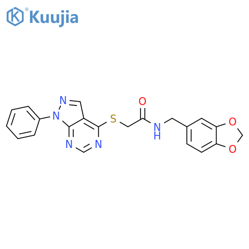 N-(2H-1,3-benzodioxol-5-yl)methyl-2-({1-phenyl-1H-pyrazolo3,4-dpyrimidin-4-yl}sulfanyl)acetamide structure
