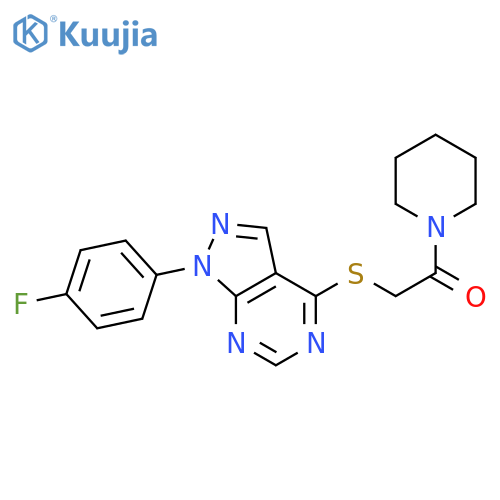 2-{1-(4-fluorophenyl)-1H-pyrazolo3,4-dpyrimidin-4-ylsulfanyl}-1-(piperidin-1-yl)ethan-1-one structure
