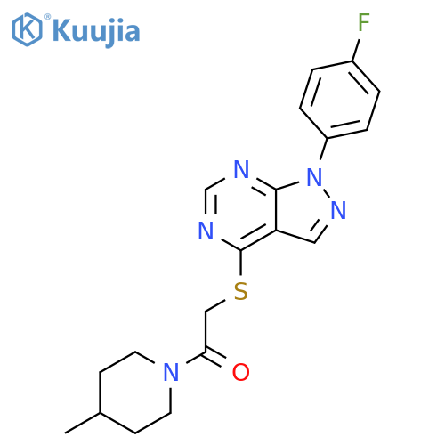 2-{1-(4-fluorophenyl)-1H-pyrazolo3,4-dpyrimidin-4-ylsulfanyl}-1-(4-methylpiperidin-1-yl)ethan-1-one structure