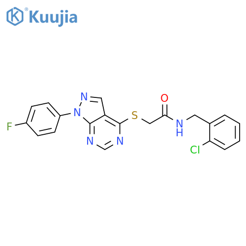 N-(2-chlorophenyl)methyl-2-{1-(4-fluorophenyl)-1H-pyrazolo3,4-dpyrimidin-4-ylsulfanyl}acetamide structure