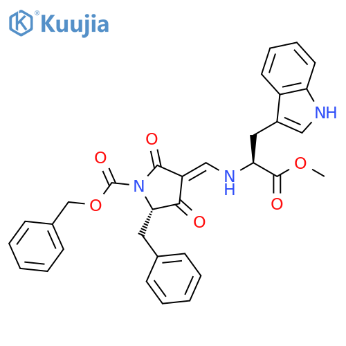 L-Tryptophan,N-[(E)-[(5S)-2,4-dioxo-1-[(phenylmethoxy)carbonyl]-5-(phenylmethyl)-3-pyrrolidinylidene]methyl]-, methyl ester structure