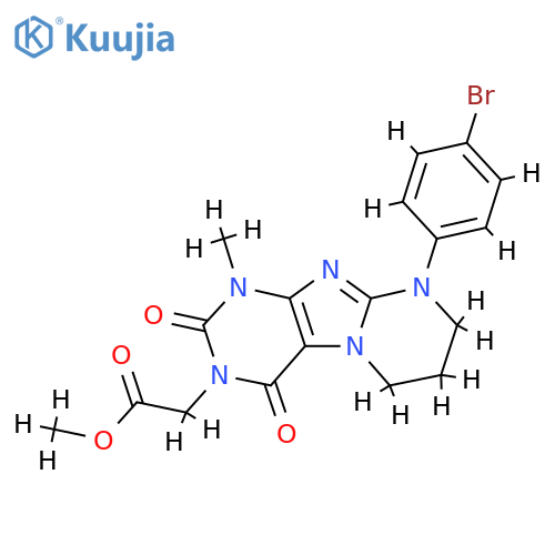methyl 2-9-(4-bromophenyl)-1-methyl-2,4-dioxo-1H,2H,3H,4H,6H,7H,8H,9H-pyrimido1,2-gpurin-3-ylacetate structure