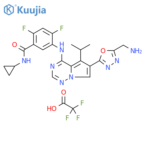 Benzamide,5-[[6-[5-(aminomethyl)-1,3,4-oxadiazol-2-yl]-5-(1-methylethyl)pyrrolo[2,1-f][1,2,4]triazin-4-yl]amino]-N-cyclopropyl-2,4-difluoro-,mono(trifluoroacetate) structure