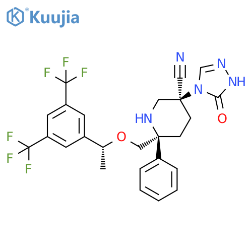 3-Piperidinecarbonitrile,6-[[(1R)-1-[3,5-bis(trifluoromethyl)phenyl]ethoxy]methyl]-3-(1,5-dihydro-5-oxo-4H-1,2,4-triazol-4-yl)-6-phenyl-, (3S,6S)- structure