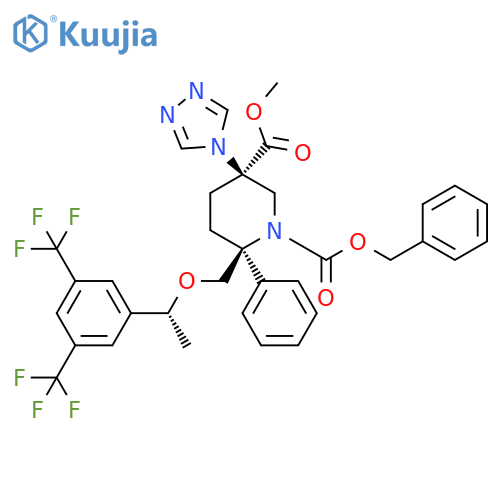 1,3-Piperidinedicarboxylic acid,6-[[(1R)-1-[3,5-bis(trifluoromethyl)phenyl]ethoxy]methyl]-6-phenyl-3-(4H-1,2,4-triazol-4-yl)-, 3-methyl 1-(phenylmethyl) ester, (3R,6S)- structure