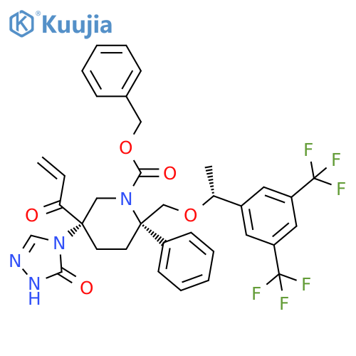 1-Piperidinecarboxylic acid,2-[[(1R)-1-[3,5-bis(trifluoromethyl)phenyl]ethoxy]methyl]-5-(1,5-dihydro-5-oxo-4H-1,2,4-triazol-4-yl)-5-(1-oxo-2-propenyl)-2-phenyl-, phenylmethylester, (2S,5S)- structure
