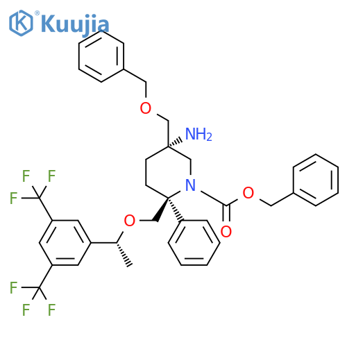 1-Piperidinecarboxylic acid,5-amino-2-[[(1R)-1-[3,5-bis(trifluoromethyl)phenyl]ethoxy]methyl]-2-phenyl-5-[(phenylmethoxy)methyl]-, phenylmethyl ester, (2S,5S)- structure