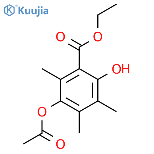 Benzoic acid, 3-(acetyloxy)-6-hydroxy-2,4,5-trimethyl-, ethyl ester structure