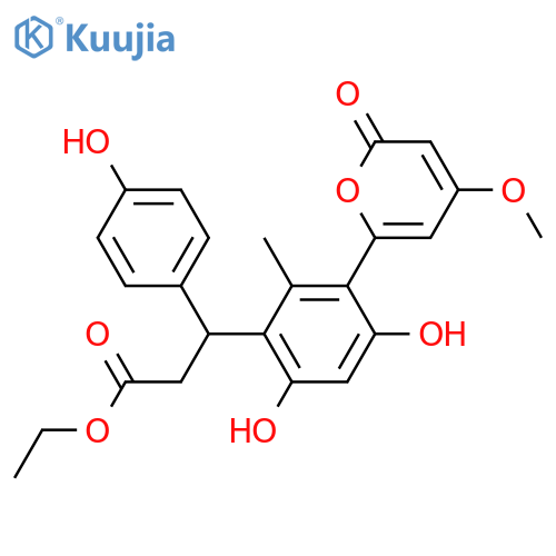 2,4-Dihydroxy-β-(4-hydroxyphenyl)-5-(4-methoxy-2-oxo-2H-pyran-6-yl)-6-methylbenzenepropanoic acid; Et ester structure
