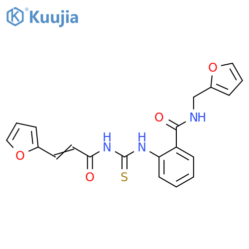 N-(furan-2-yl)methyl-2-({(2E)-3-(furan-2-yl)prop-2-enamidomethanethioyl}amino)benzamide structure