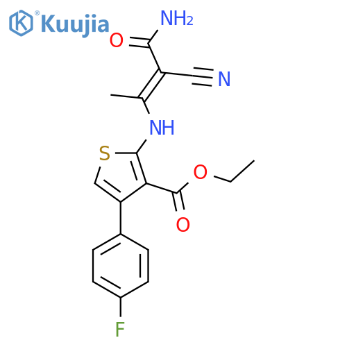 Ethyl 2-[(1-carbamoyl-1-cyanoprop-1-en-2-yl)amino]-4-(4-fluorophenyl)thiophene-3-carboxylate structure