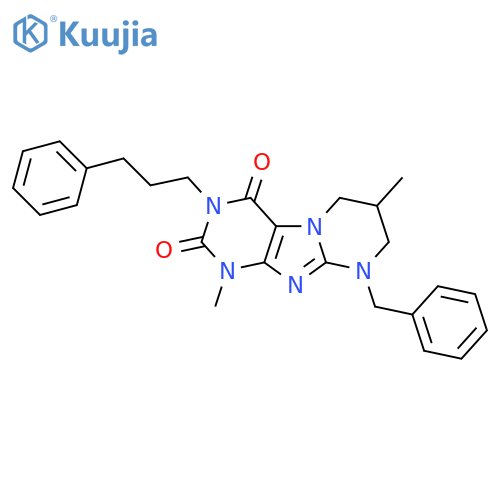 9-benzyl-1,7-dimethyl-3-(3-phenylpropyl)-1H,2H,3H,4H,6H,7H,8H,9H-pyrimido1,2-gpurine-2,4-dione structure
