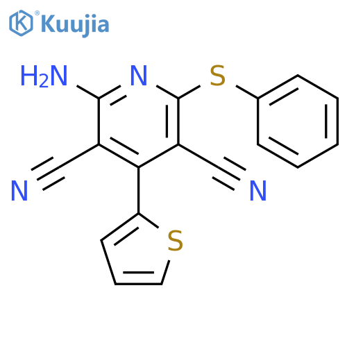 3,5-Pyridinedicarbonitrile, 2-amino-6-(phenylthio)-4-(2-thienyl)- structure