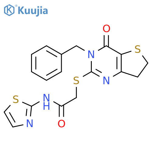 2-({3-benzyl-4-oxo-3H,4H,6H,7H-thieno3,2-dpyrimidin-2-yl}sulfanyl)-N-(1,3-thiazol-2-yl)acetamide structure